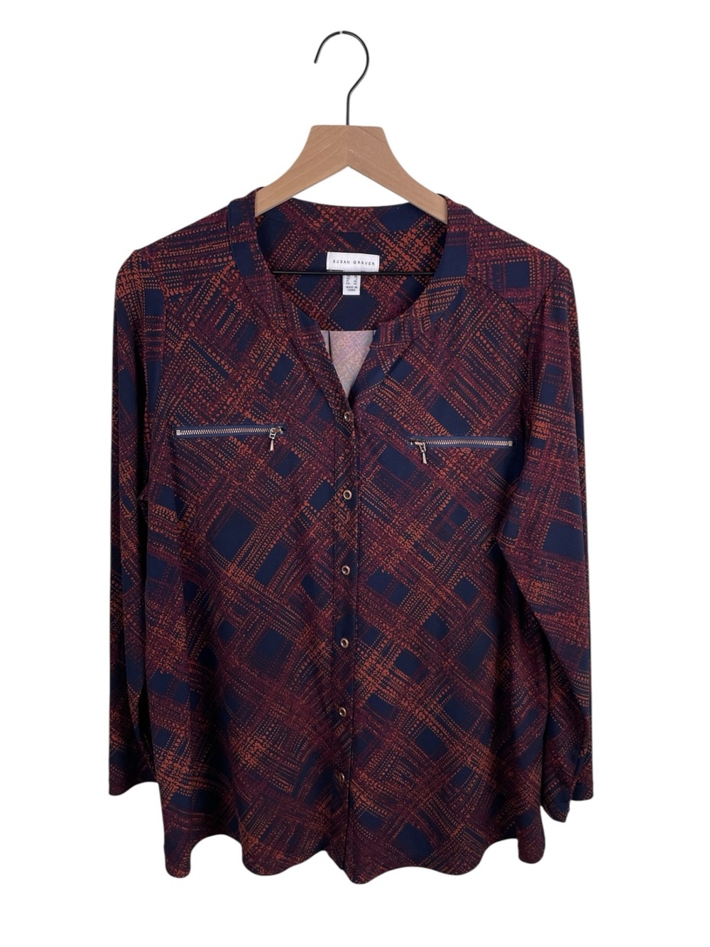 Susan Graver Liquid Knit Top Size Large Zipper Pocket Navy Blue Red Plaid Fall